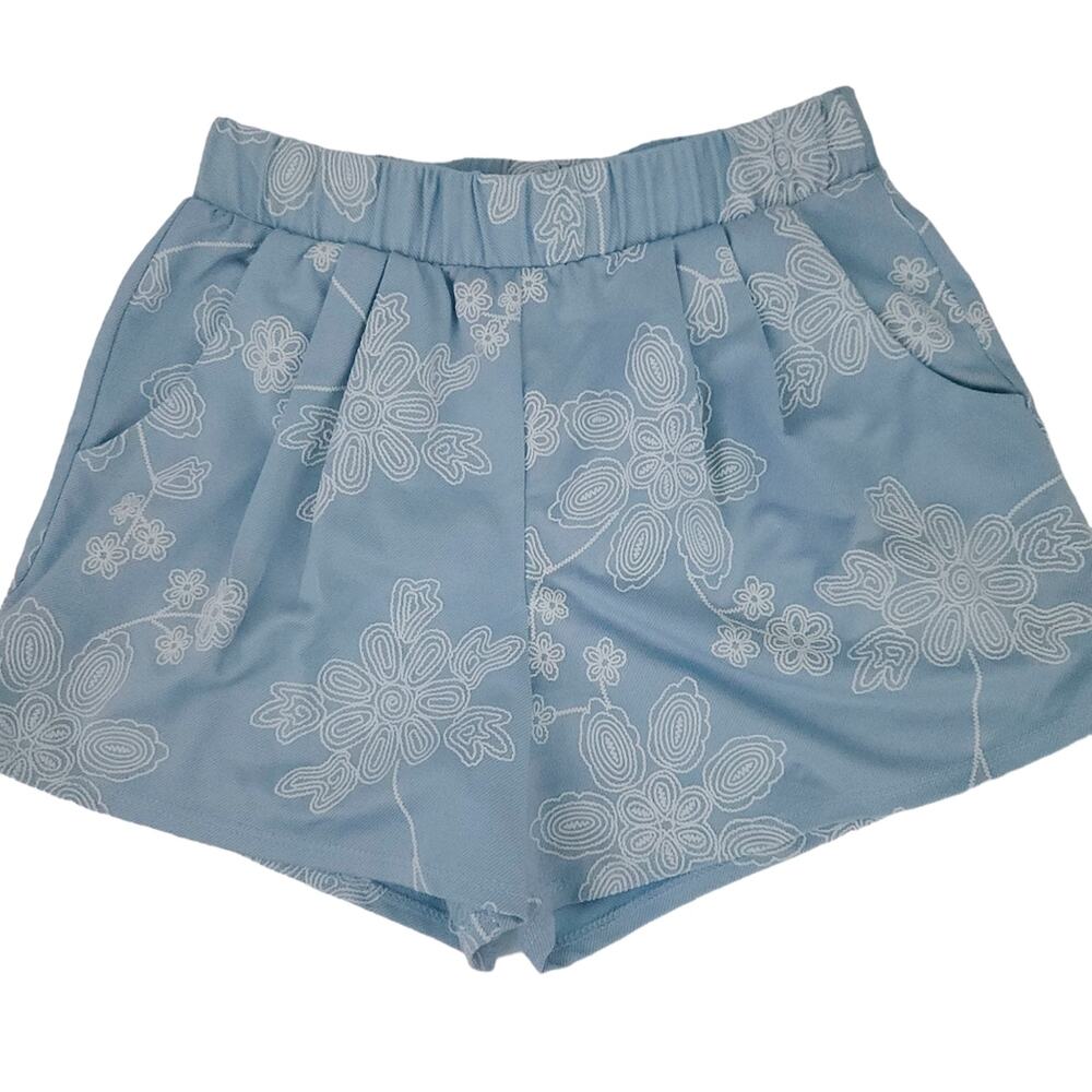Freeway Shorts Blue Cream Embroidered Flowers Size Small, Elastic Waist , USA